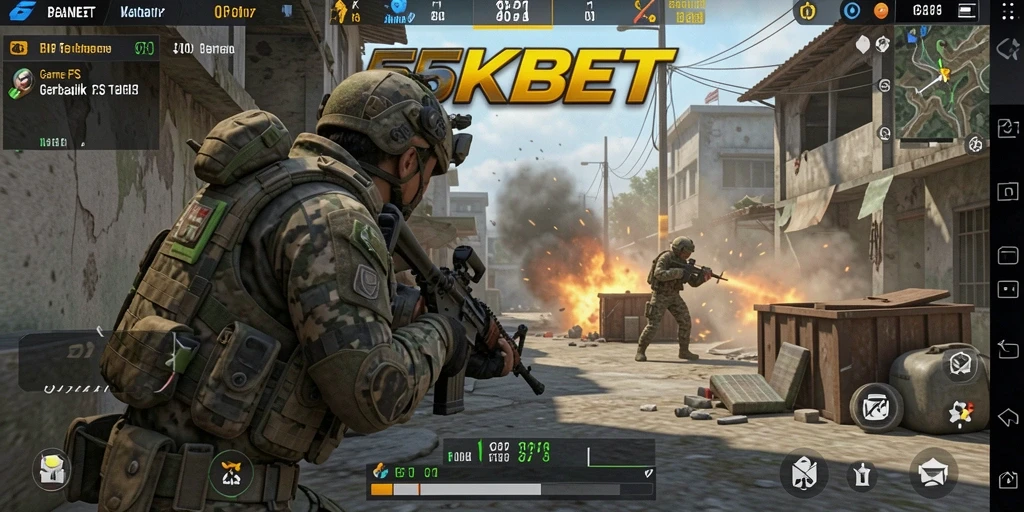 Screenshot gameplay menunjukkan aksi tembak-menembak yang mendebarkan di <strong>55KBET</strong>.