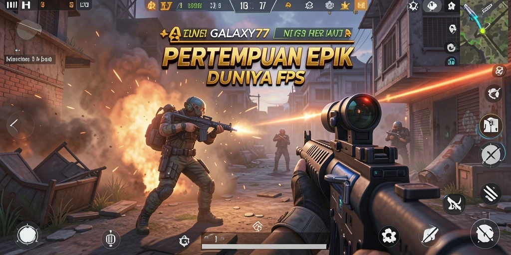 Screenshot gameplay GALAXY77 menampilkan pertempuran seru di alam semesta yang futuristik.