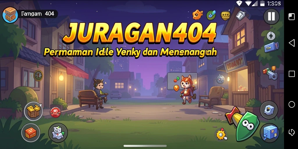 Screenshot utama JURAGAN404 menunjukkan gameplay Idle yang menawan.