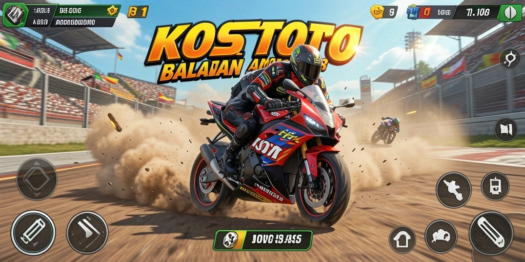 Tampilan gameplay KOSTOTO dengan balapan motor yang seru dan mendebarkan.