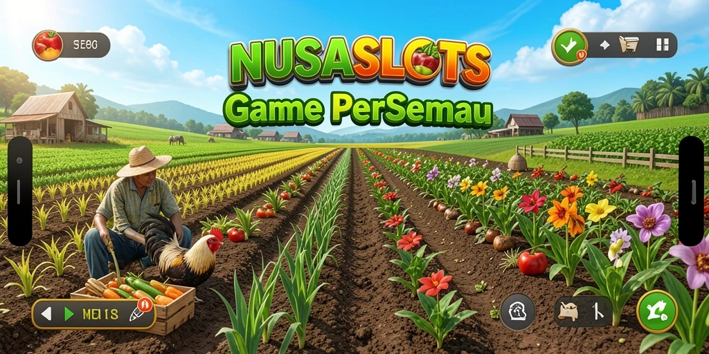 Tampilan gameplay NUSASLOTS dengan suasana pertanian yang hidup.